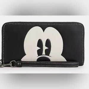 Disney X Coach Mickey Mouse Long Zip Around Black Leather Wallet Wristlet New!